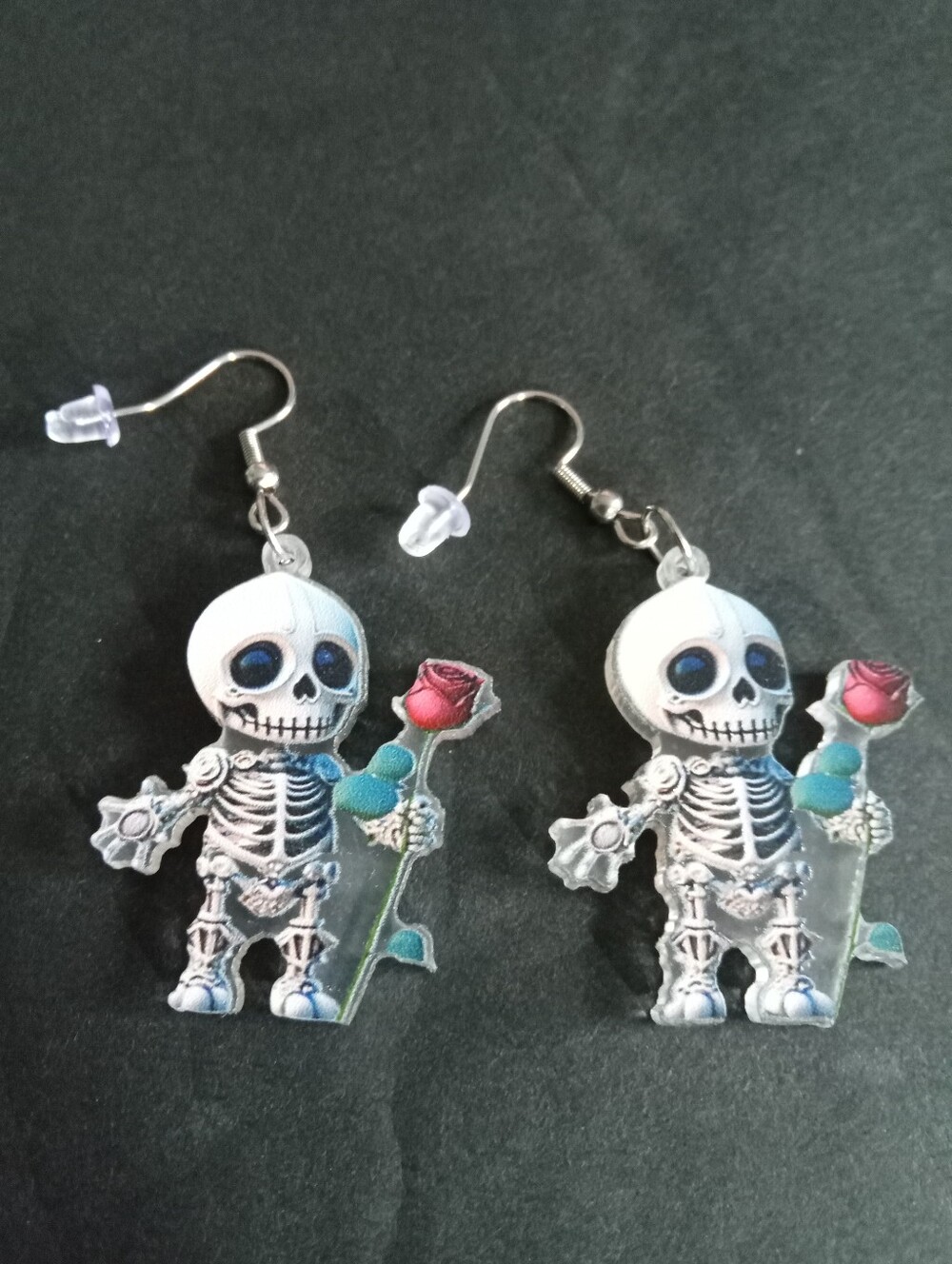 Skeleton with Rose Dangle Earrings - White and Red